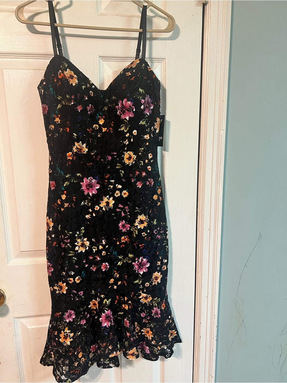 Guess Black Floral Lace Midi Dress with Ruffle Hem